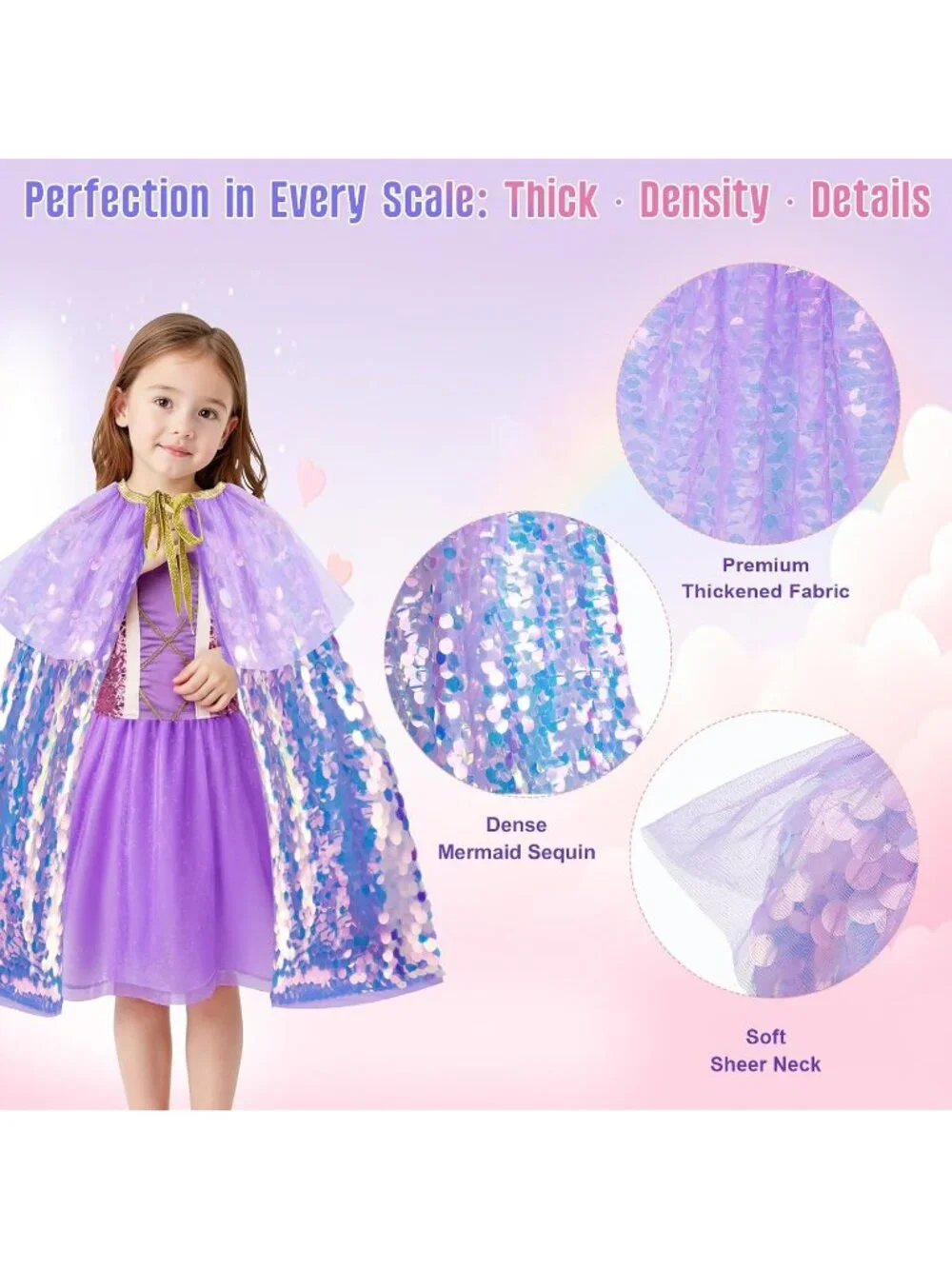 Mermaid Princess Dress Up Cape with Crown Costume Set for Girls -Purple